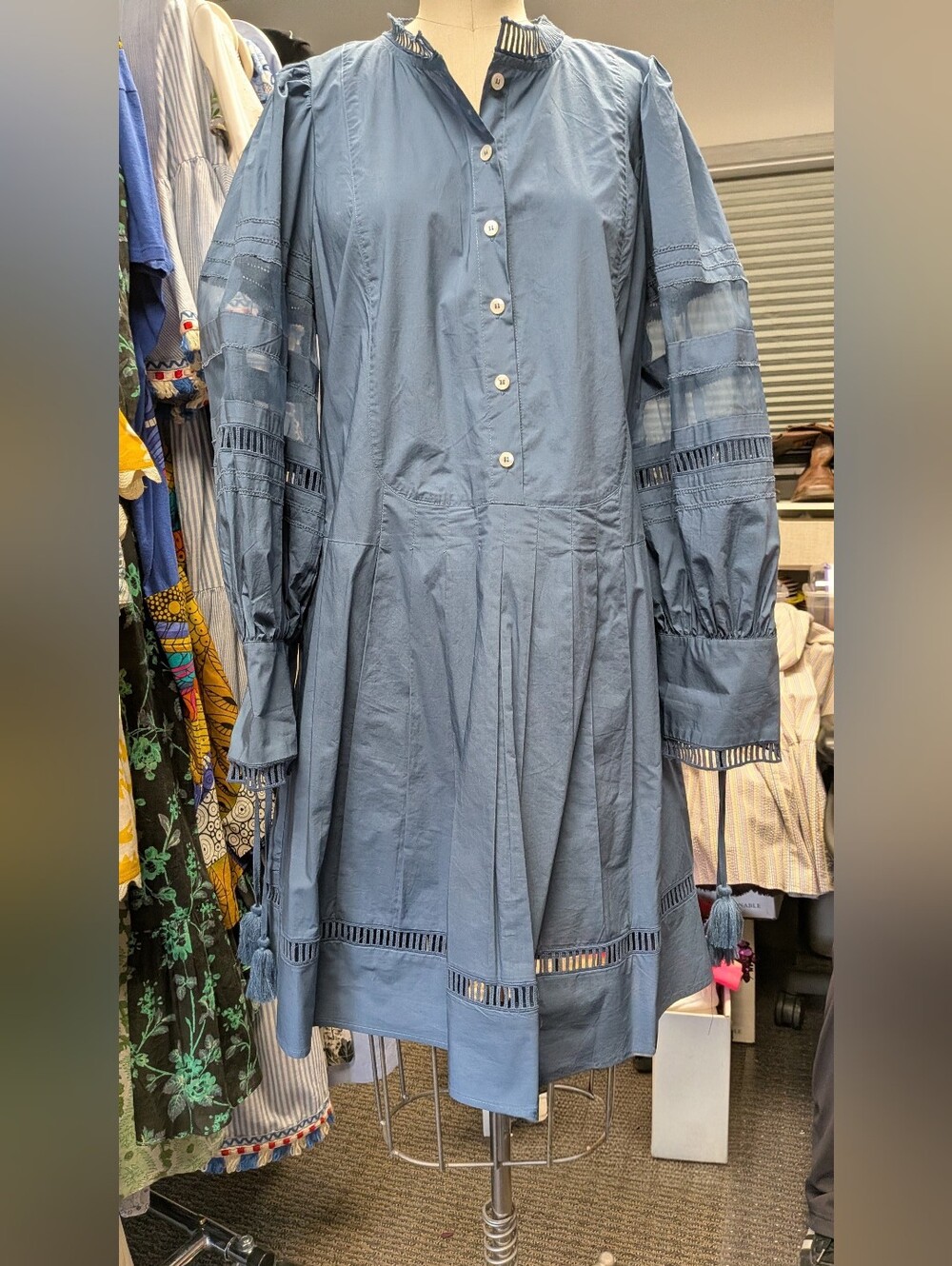 Sea New York Dusty Blue Long Sleeve Cotton Lace-Trim Dress